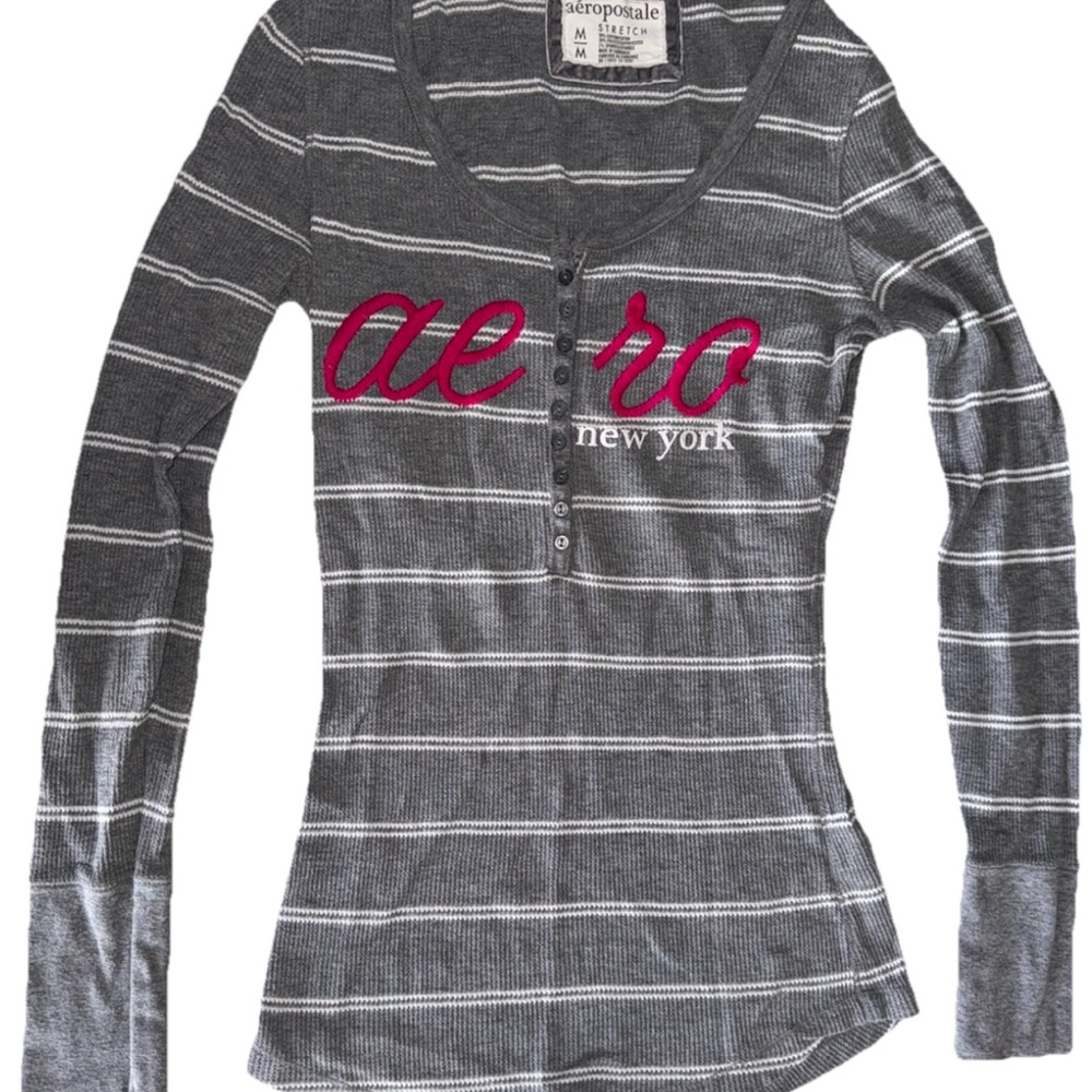 Aeropostale Gray Striped Long Sleeve Ribbed Top Aero